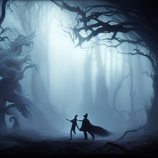 Cole, with the ghostly figure and the wizard by his side, sets off on a treacherous journey through a dark forest, with the dragon's fiery breath visible in the distance and the ominous feeling that danger lurks around every corner.